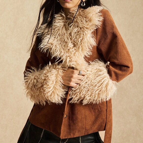 Brown Casual Women's Regular Fit Corduroy Patchwork Jacket - Picture 7 of 8